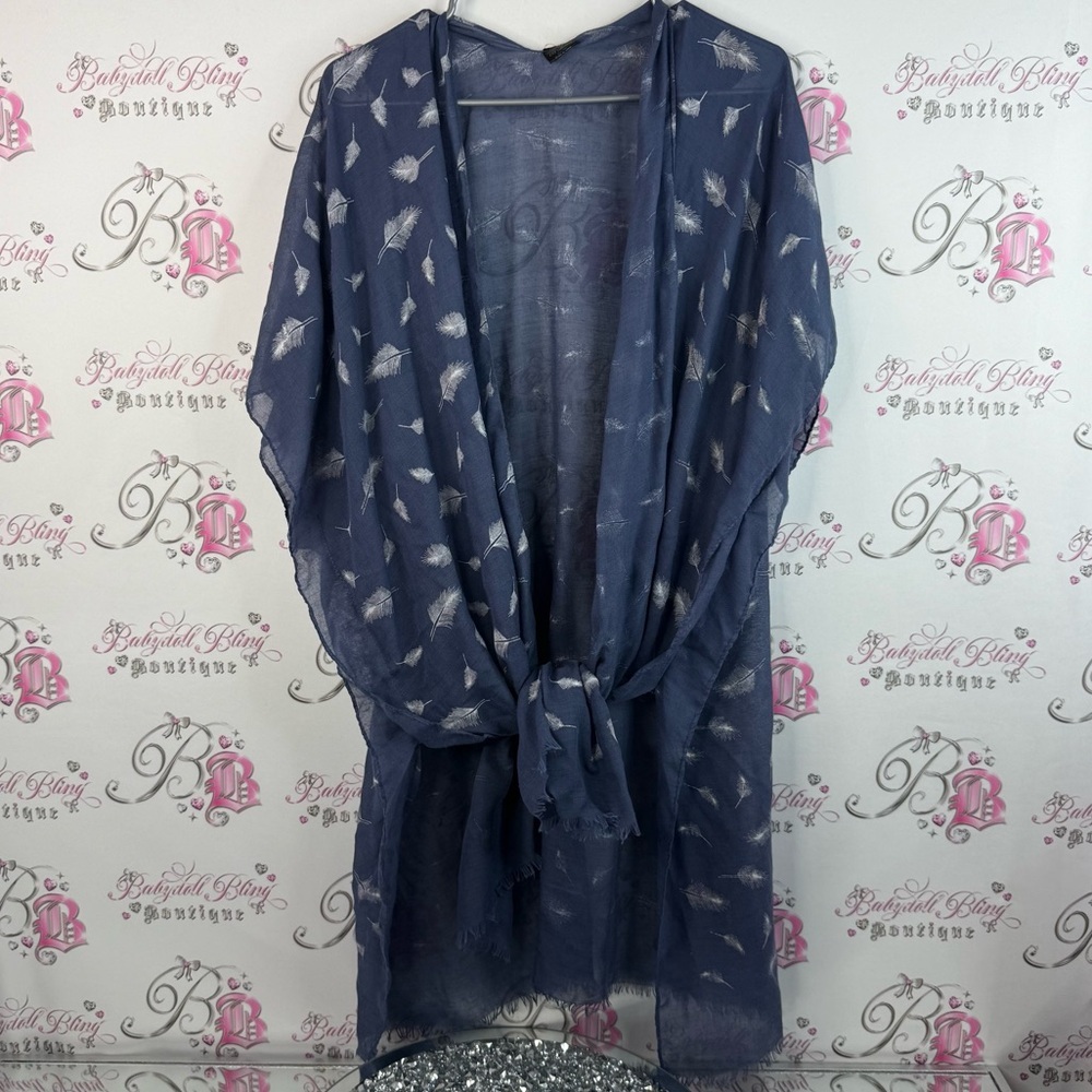 Lvs Collections kimono robe cardigan tie Blue Sheer Kimono wrap Feather Pattern